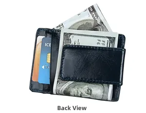 Back view of slim navy crazy horse leather card holder showing bill clip and card slots