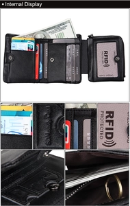 Macro detail of men's leather wallet interior showing RFID blocking slots and coin pocket