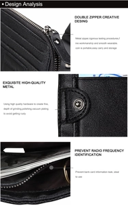 Detail of RFID-blocking leather wallet with double zippers and high-quality metal hardware