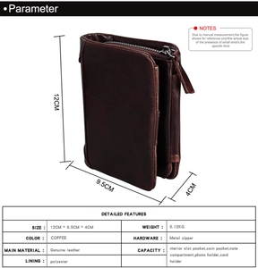 Detailed specifications of the coffee leather wallet showing dimensions and structure
