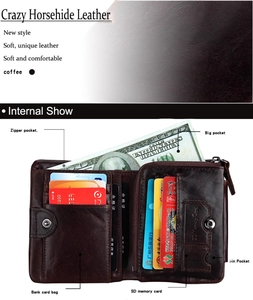 Detail view of coffee Crazy Horse leather wallet showing card slots and coin pocket