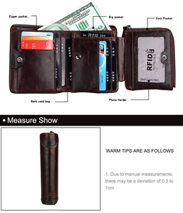 Internal layout of brown crazy horse leather tri-fold wallet with RFID protection and coin pocket