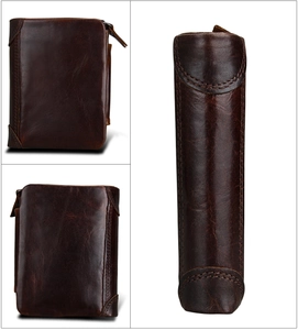 Detail of dark brown crazy horse leather wallet with RFID blocking and sturdy metal zipper