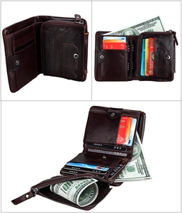 Macro detail of crazy horse leather wallet with RFID blocking and secure zipper pocket