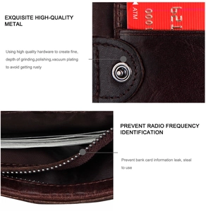 Macro detail of high-quality metal fastener and RFID blocking layers on leather wallet