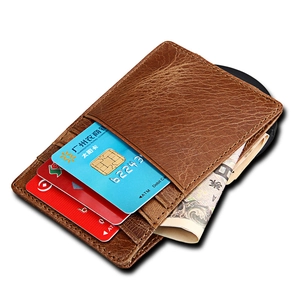 Genuine brown crazy horse leather slim wallet for men with multiple card slots and cash clip