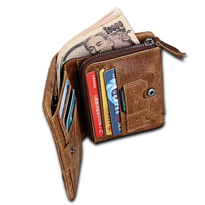 Retro brown crazy horse leather wallet with RFID blocking and secure zipper compartment
