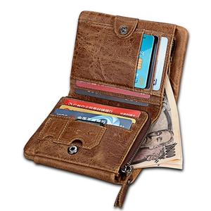 Brown vintage crazy horse leather RFID wallet for men with multi-card slots and coin pocket