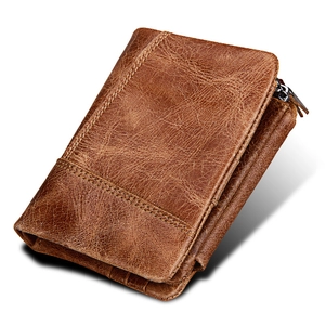 Vintage crazy horse leather men's RFID blocking short wallet with zipper pocket