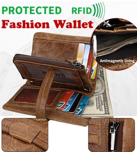 Detalle de billetera de cuero RFID mostrando ranuras para tarjetas y bolsillo con cremallera