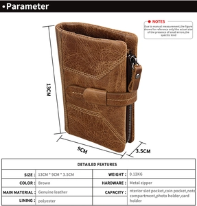 Detalle de billetera de cuero marrón con protección RFID y especificaciones de cierre