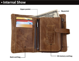Detalle del interior de la cartera de cuero vintage con ranuras y bolsillo con zip