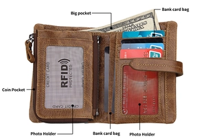 Detalle de billetera de cuero marrón con bloqueo RFID, tarjeteros y monedero