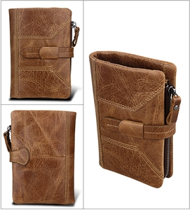 Detalle de cartera vintage en cuero marrón con protección RFID y bolsillo con cremallera
