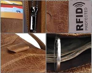 Detalle de la cartera de cuero con protección RFID y ranuras para tarjetas SD
