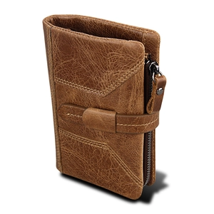 Cartera de Hombre de Piel Genuina Protección RFID Vintage Crazy Horse Cuero de Vaca Triple Pliegue Ranuras Tarjetas Bolsillo Cremallera Regalo