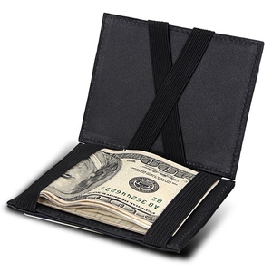 Minimalist black magic wallet with elastic X-straps and cash storage for men