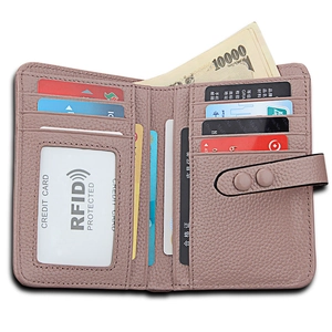 Portefeuille Femme en Cuir de Vachette Pleine Fleur Protection RFID Motif Litchi Porte-cartes Bi-plié Grande Capacité Pochette Avec Fermeture à Boucle