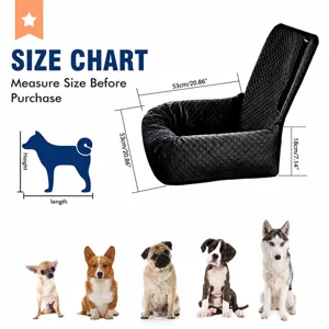 Waterproof car seat dog bed size guide with 53x53x18cm dimensions and breed reference