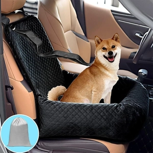 Waterproof quilted pet car booster seat for front passenger with safety leash and storage bag