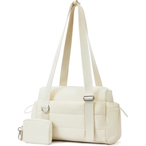 Dettaglio della borsa tote trapuntata bianco off-white con spalline larghe e mini borsellino