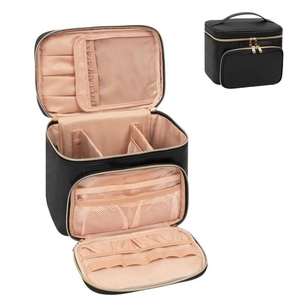 Large Capacity Makeup Bag PU Leather Waterproof Cosmetic Organizer With Dividers And Brush Slots For Travel Women