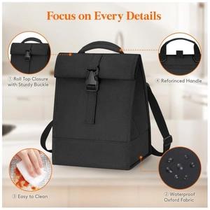 Détail du sac à déjeuner en Oxford imperméable avec boucle roulée et doublure facile à nettoyer