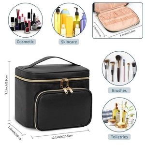 Large capacity black PU leather travel cosmetic bag with double gold zippers and handle