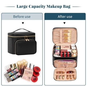Large capacity waterproof PU leather makeup travel bag with adjustable compartments