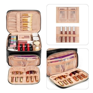 Large black PU leather makeup bag with multiple compartments and brush slots for travel