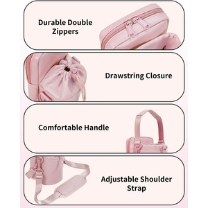 Pink insulated water bottle sling bag with dual zippers, drawstring and adjustable strap