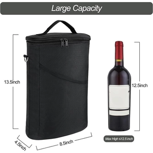 Insulated wine cooler bag with dimensions 13.5x8.5x4.5 inches and reinforced handle