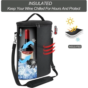 Insulated black wine cooler bag with adjustable shoulder strap and leakproof padding