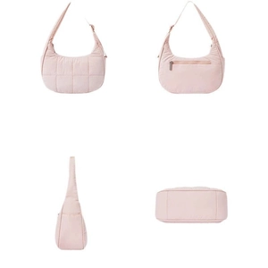 Quilted nylon crescent shoulder bag in light pink featuring multiple view angles