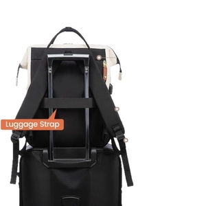 Women's 15.6-inch laptop backpack with luggage strap for travel, black and beige color