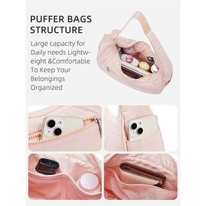 Pink quilted puffer shoulder bag with large capacity storage and organized pockets