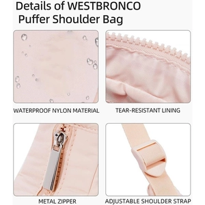 Detailed views of waterproof pink quilted nylon bag with silver zippers and strap