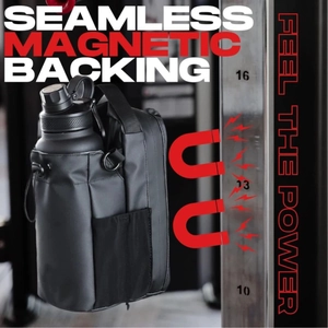 Magnetic gym water bottle holder attached to metal fitness rack with seamless backing