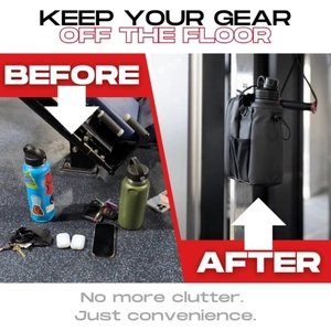 Detail showing magnetic gym water bottle bag with before and after storage comparison