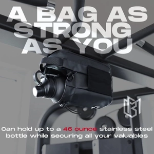 Magnetic gym water bottle holder attached to a squat rack for workout convenience