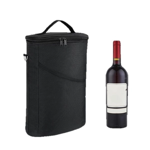 Insulated black wine carrier bag with dual zippers, padded handle, and adjustable strap
