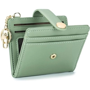 Women PU Leather RFID Blocking Card Holder Bifold Wallet With Multi Slot Zip Pocket Metallic Keychain Fashion Casual Purse