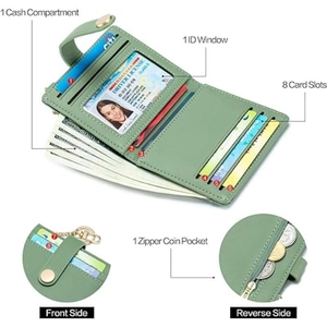Green RFID blocking bifold wallet for women with card slots and zipper pocket