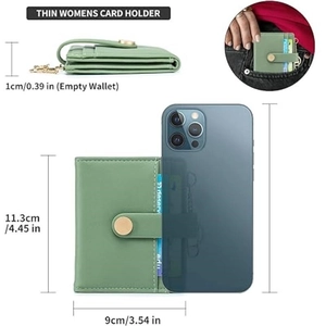Detail view of ultra-thin green RFID card holder wallet with size dimensions 11.3x9x1cm