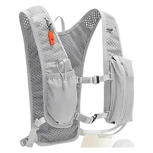 Lightweight grey marathon hydration vest with breathable mesh and emergency whistle