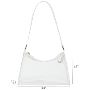 Transparent PVC crescent bag with white shoulder strap and size dimensions 9.8x2.7x6.3 inches