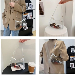 Transparent PVC crescent shoulder bag with white strap shown in lifestyle poses