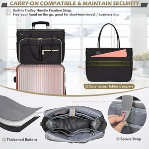 Quilted black laptop bag with trolley sleeve and reinforced bottom detail view