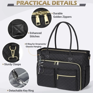 Detail of laptop bag showing golden zippers, reinforced stitching, and a functional D-ring
