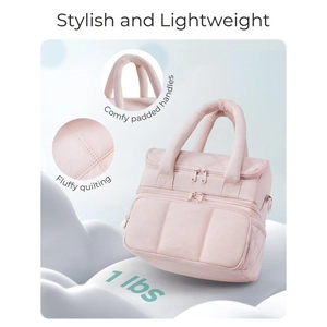 Detail view of pink quilted puffer lunch bag showing padded handles and dual layers